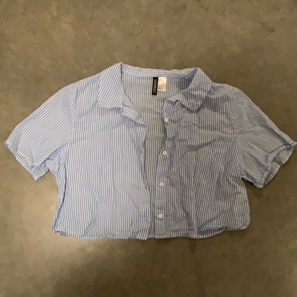 Blue Striped Cropped Button Up